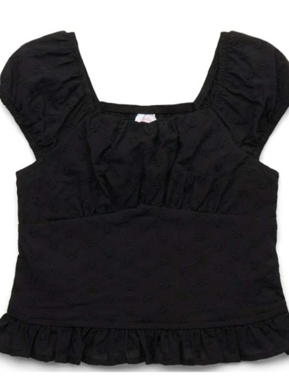🦋 Girl's Black Short Sleeve Eyelet Crop Top with Ruffle Hem